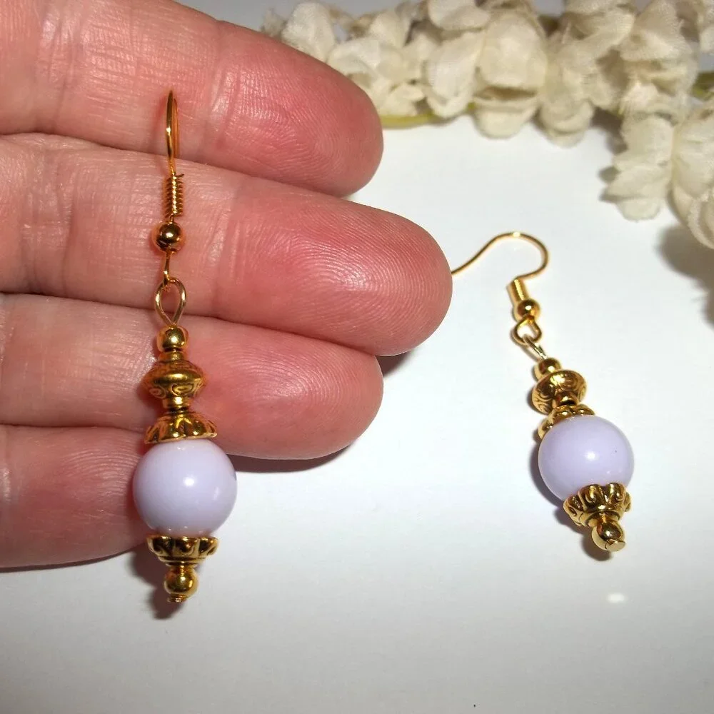 Light Purple Earrings Gold Beaded Dangle Drop Jewelry Fashion Accessory Set D402